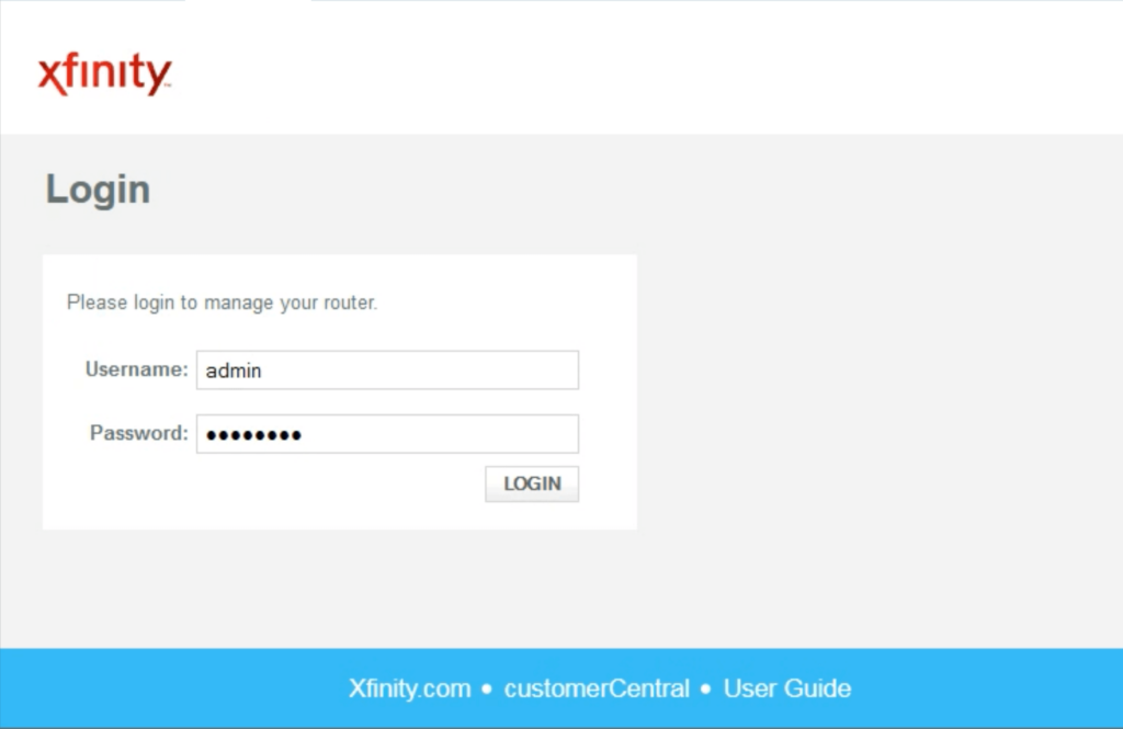 The default IP address, User, and Password of Xfinity (Comcast) router