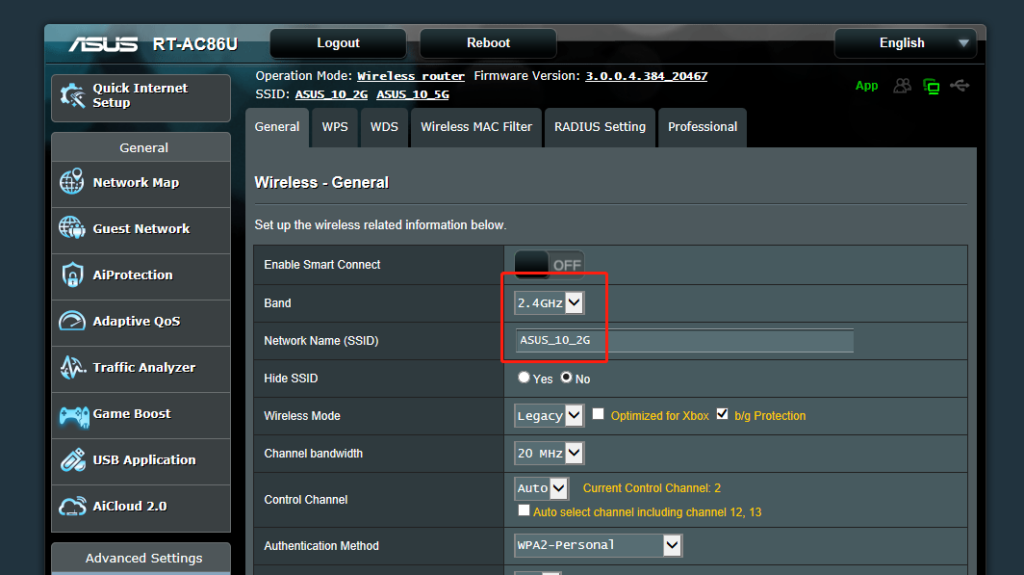 Disable the 2.4GHz frequency bandwidth